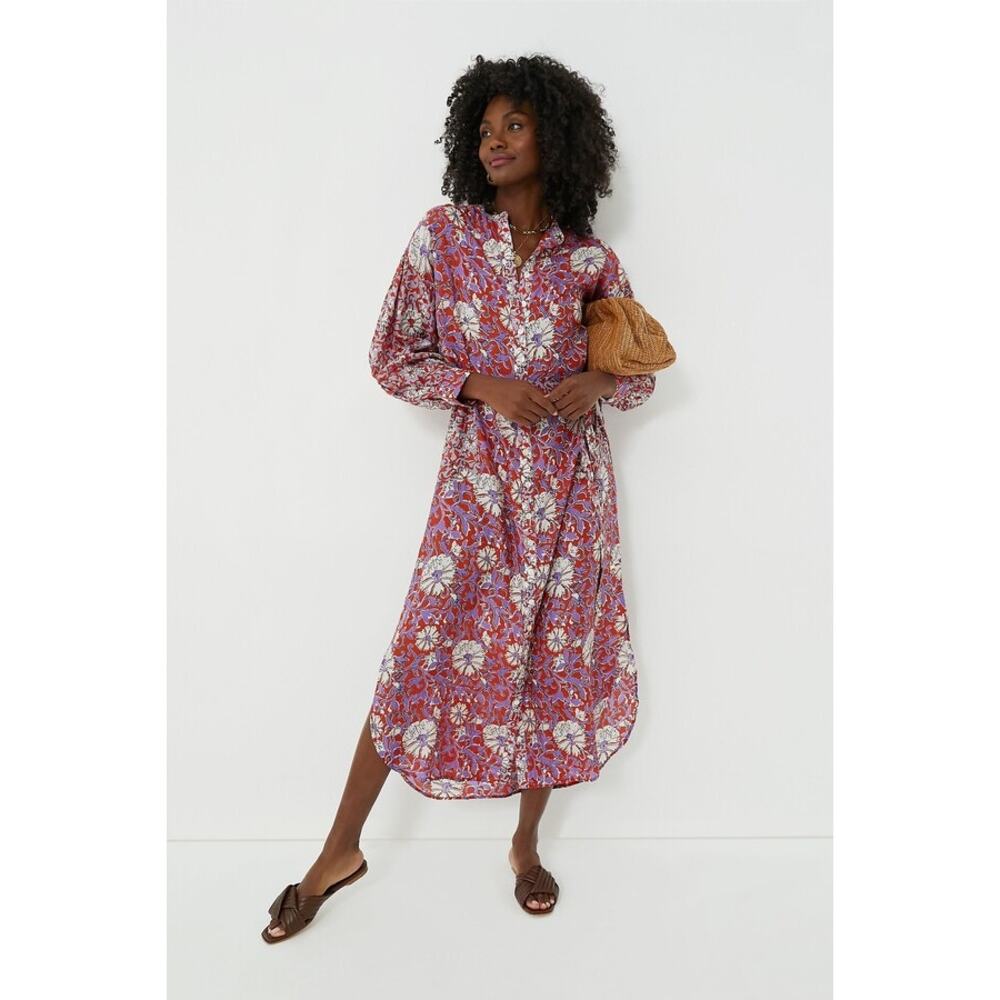 HANNAH ARTWEAR Sz 3 L Large 100% Silk Floral Belted Midi Shirt Dress Red Purple